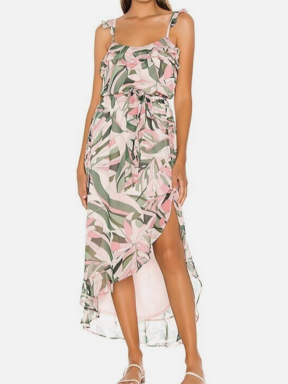 Show Me Your MuMu Gloria Maxi Dress Side Slit Ruffle Tropical Pink Green Sz XS